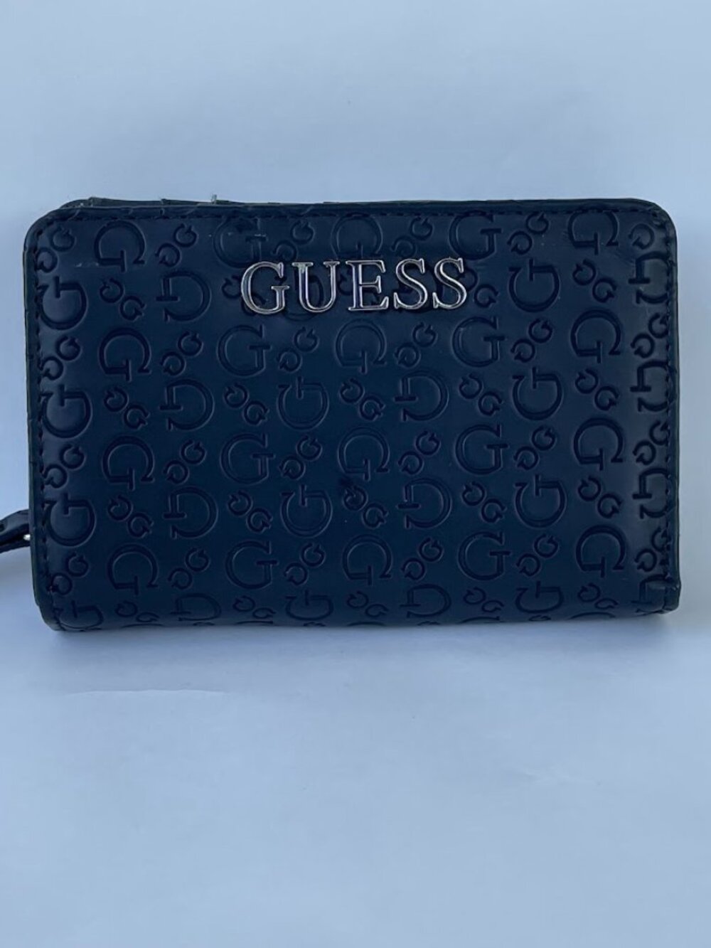 GUESS Black Monogram Embossed Zip Compact Wallet Silver Logo Designer